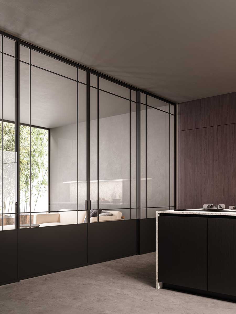 Industrial style metal and glass partition
