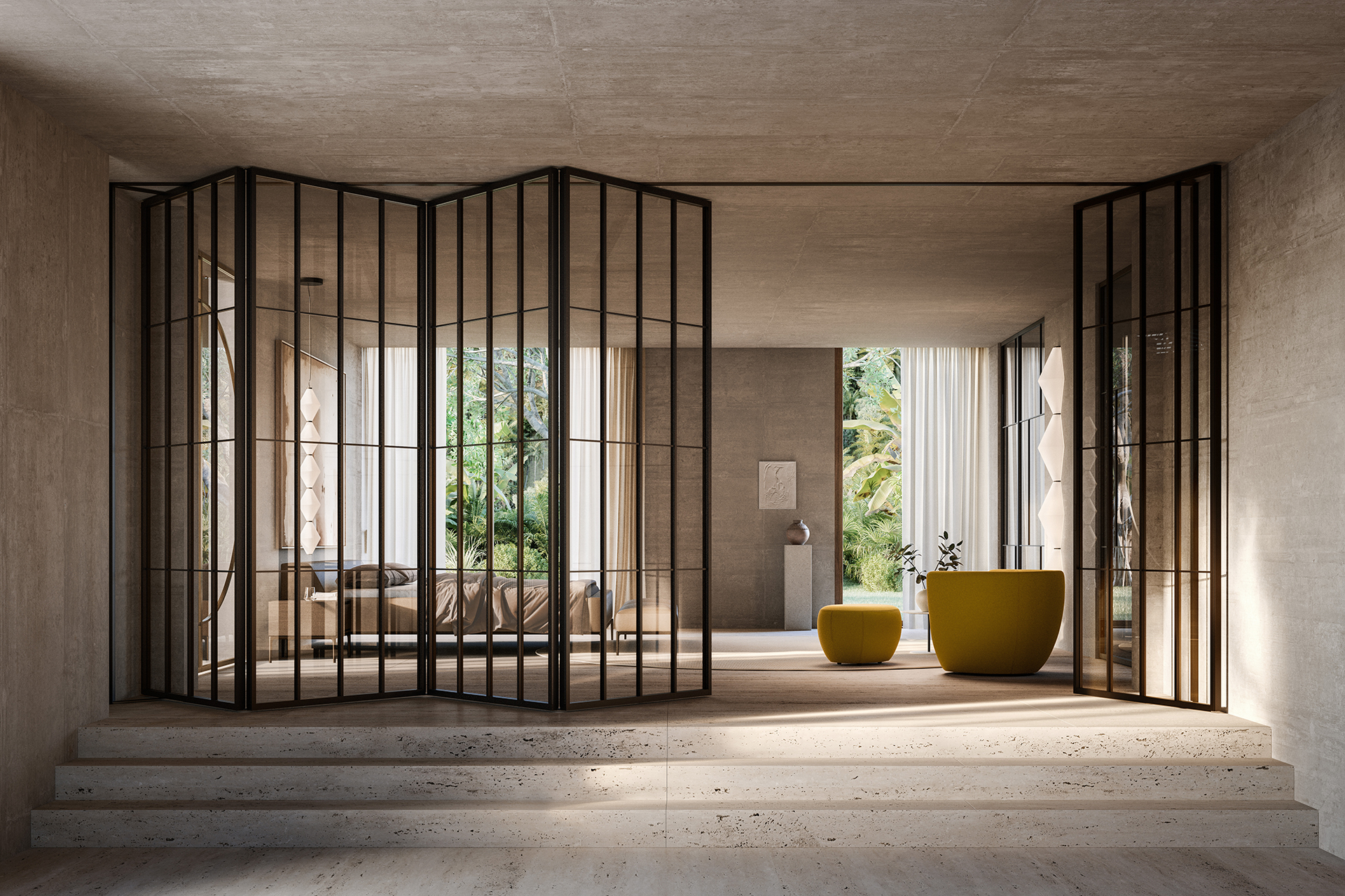 Rotofold doors example with 4 doors folding one way and additional pedestrian door