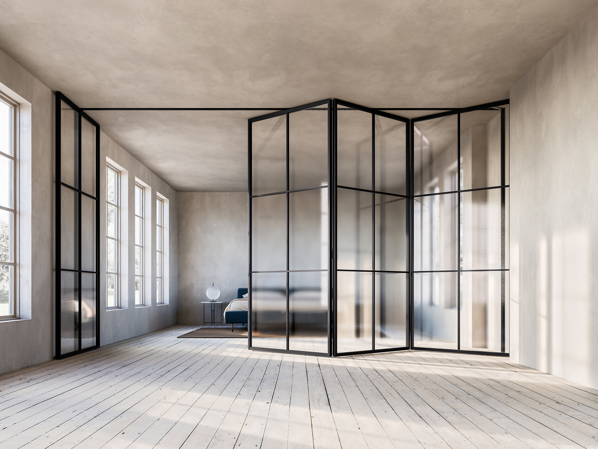 Rotofold doors example with 3 doors folding one way and additional pedestrian door