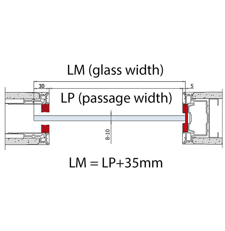plan view glass width and passage width for pocket doors