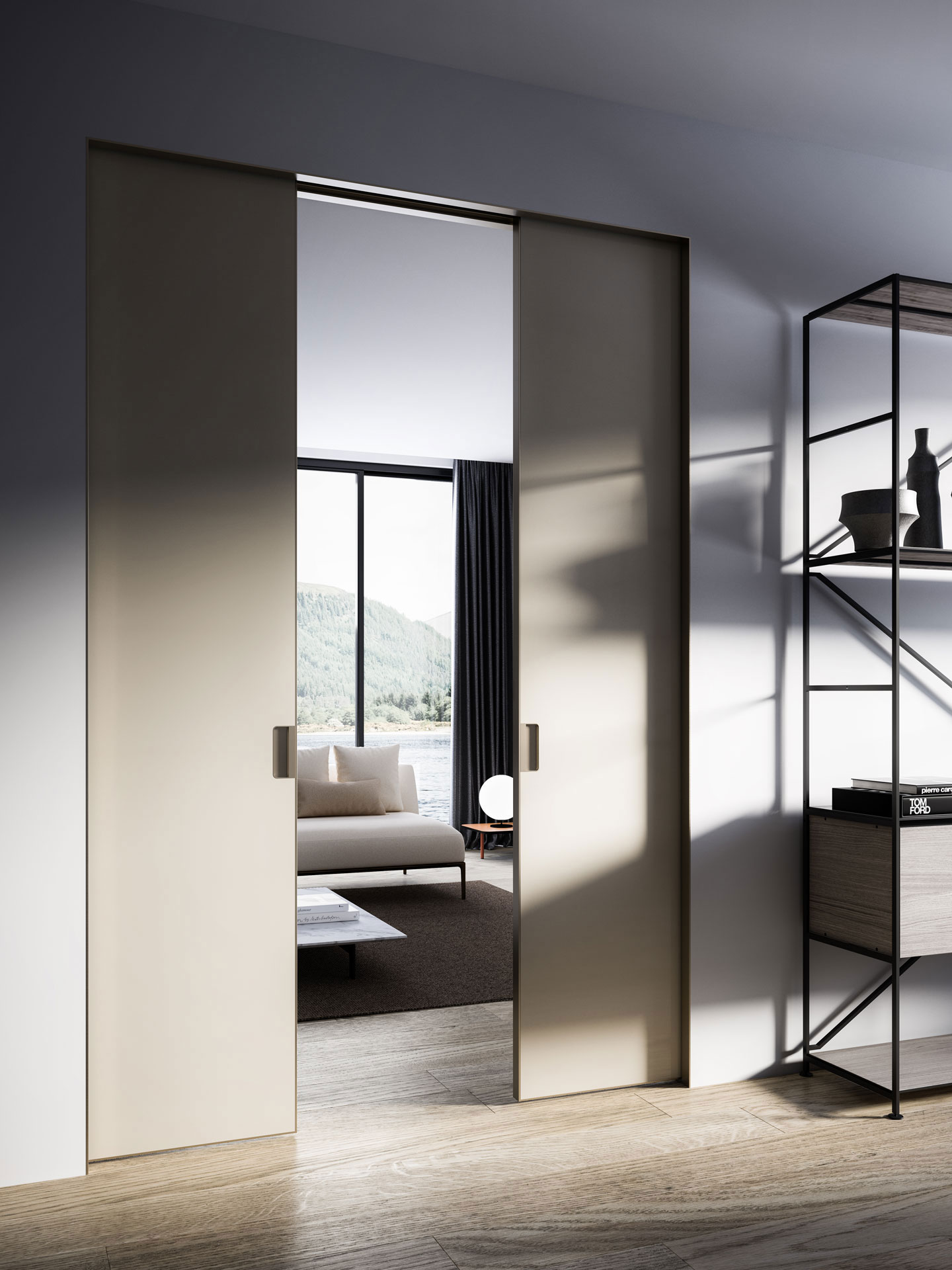 duet pocket double doors with colour lacquered glass