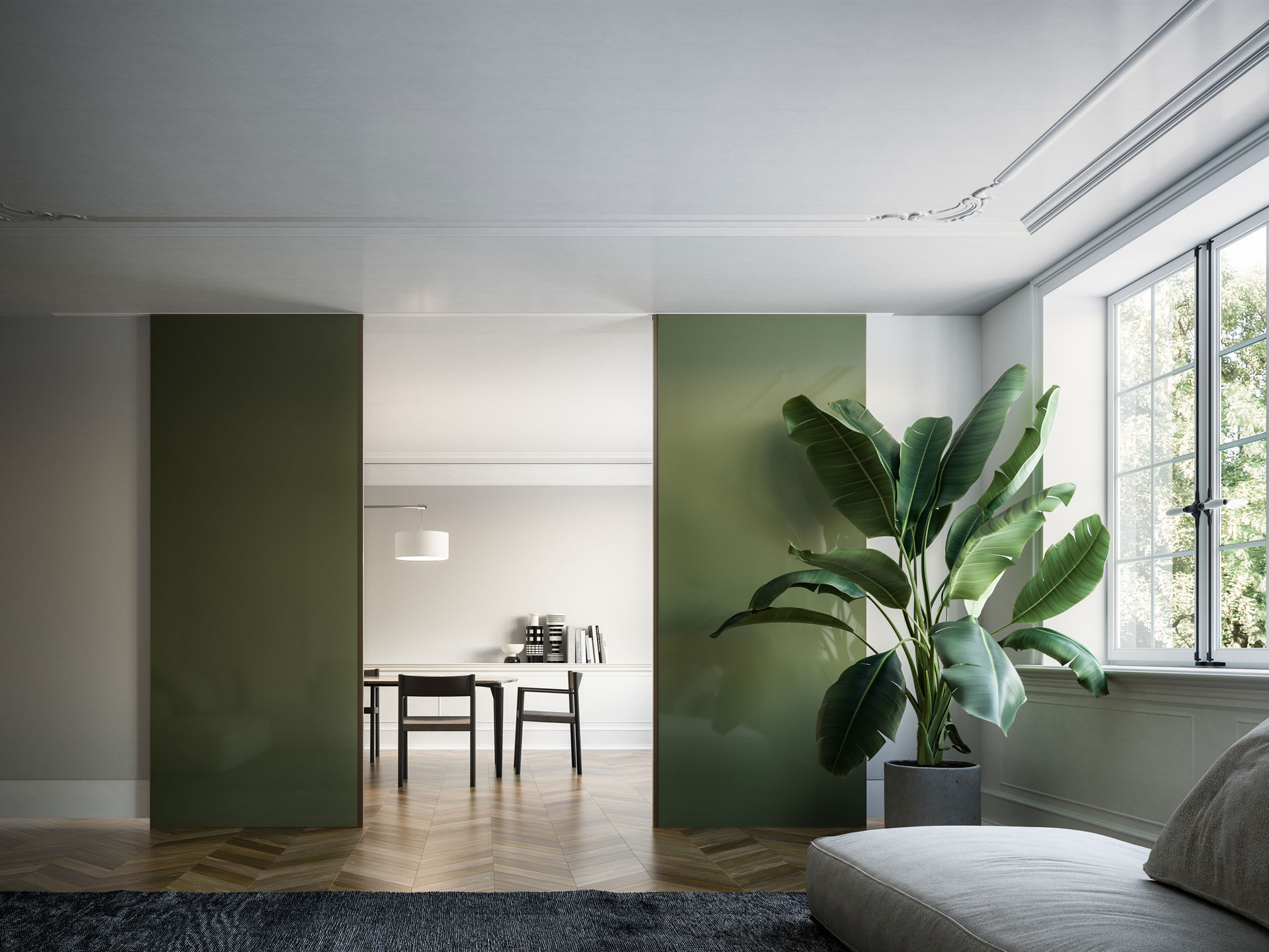 duet sliding double doors with colour lacquered glass