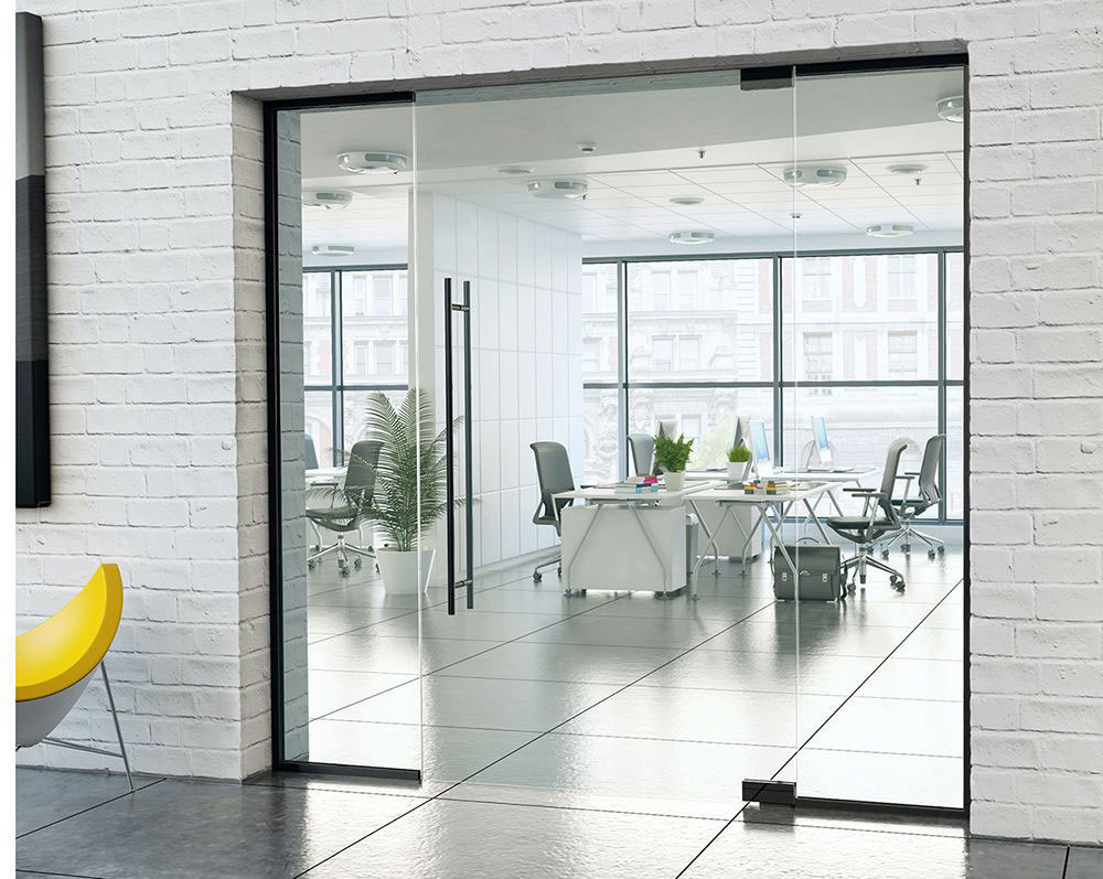 frameless glass partition with hinged door and black hardware