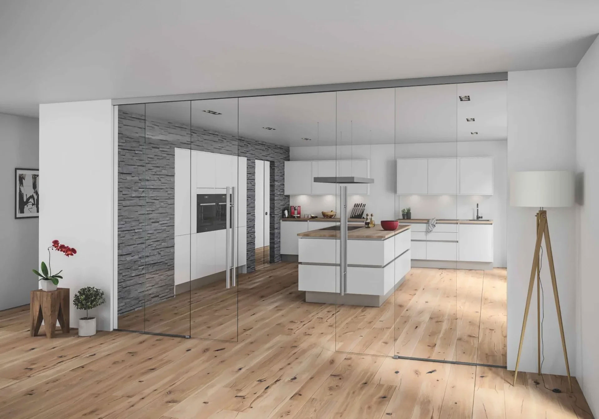 sliding frameless glass double doors with panels