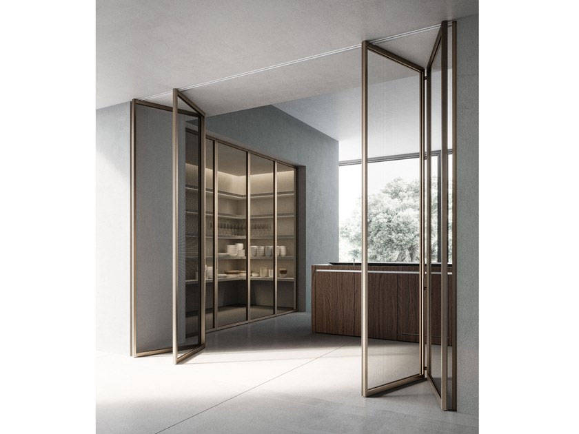 Industrial style metal and glass folding door partition