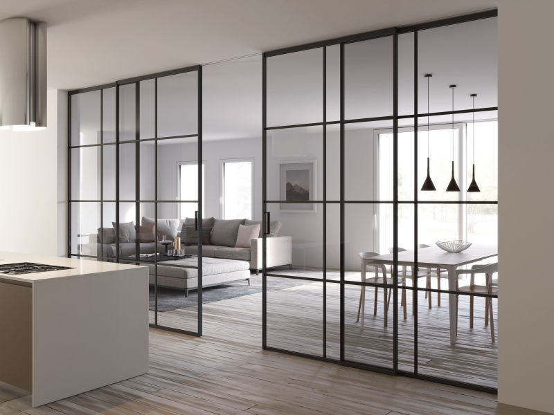 Piazza Industrial style metal and glass partition with black aluminium sliding doors