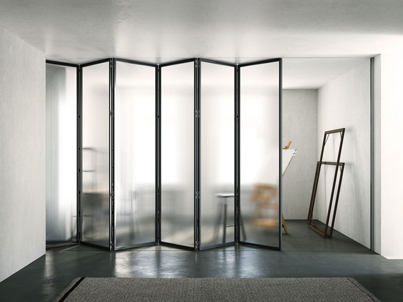 Industrial style metal and glass folding doors